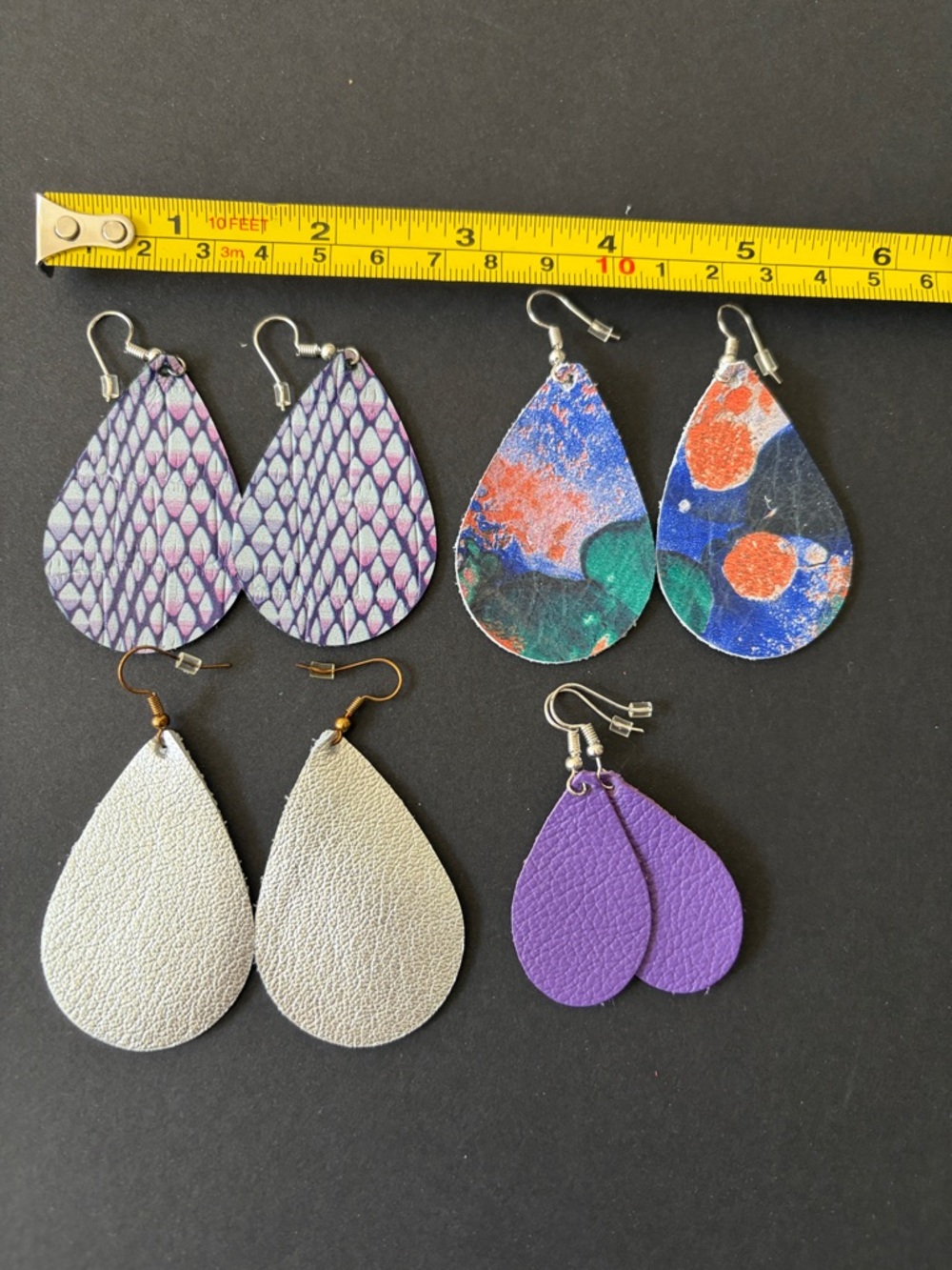 Handmade Purple Mixed Print and Silver Teardrop Leather Earrings Set! New!